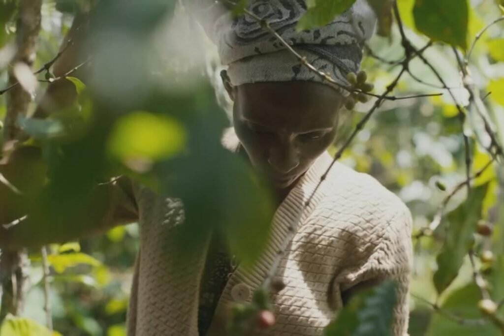 A coffee farmer working in Rwanda in The Real Cost of Coffee