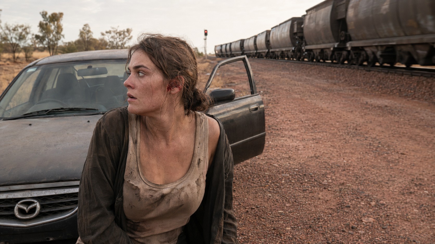 Ru injured beside a car near a passing freight train, concept image for the LOST feature